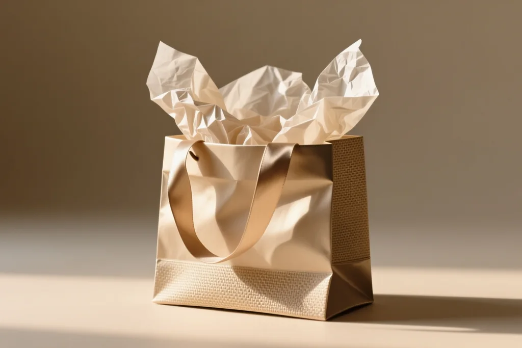 Una caja pequeña con papel de relleno y cinta lista para ser enviada por correo