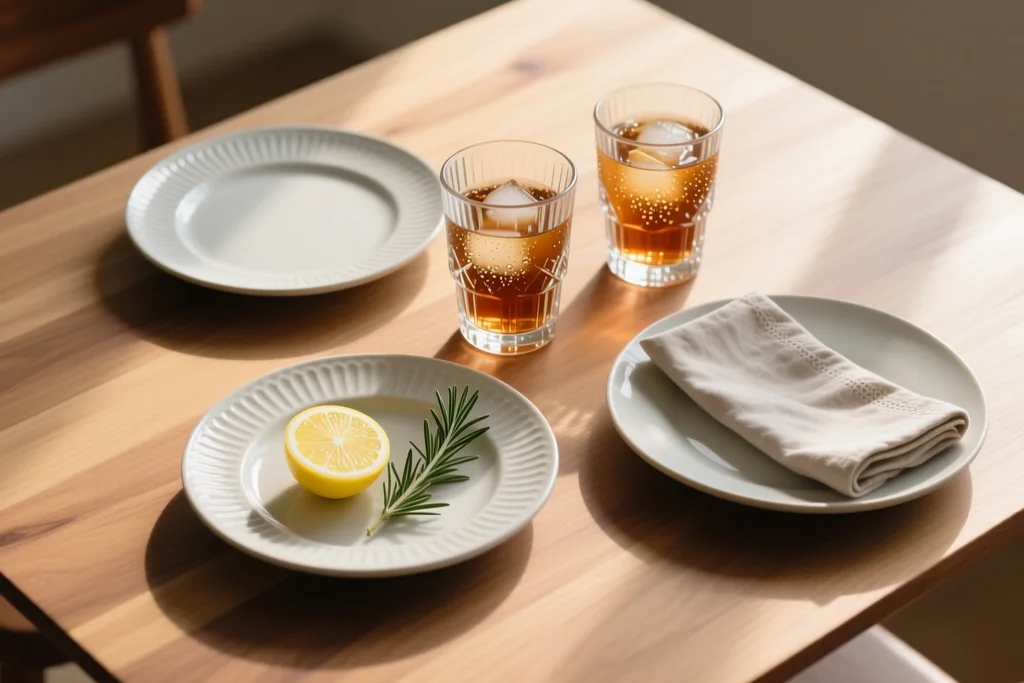 Una mesa larga con sillas preparadas y una libreta pequeña sobre la madera