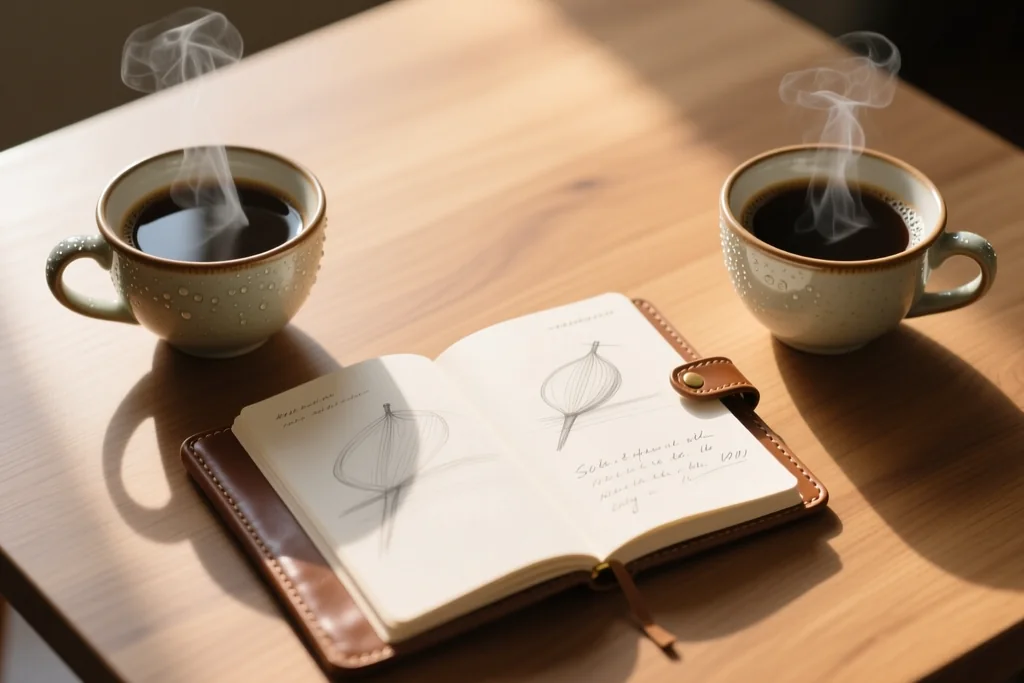 Un teléfono apoyado en una mesa con dos tazas de café al lado