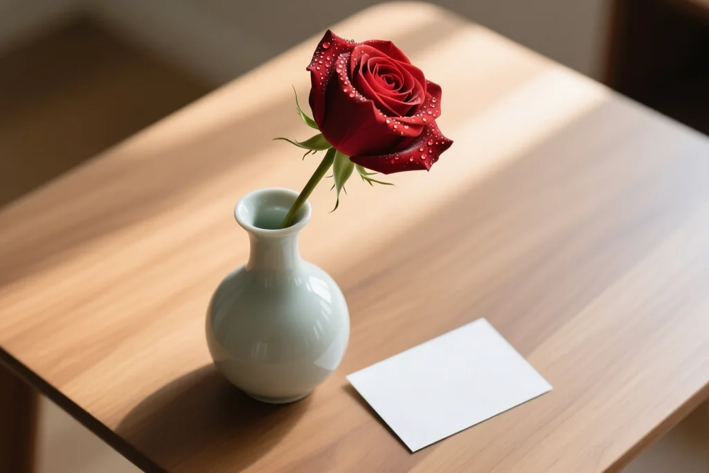 Una tarjeta pequeña y unos lápices sobre una mesa de madera junto a una ventana
