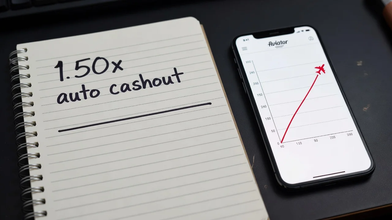 Nota 1,50x auto cashout junto al gráfico de Aviator en el teléfono