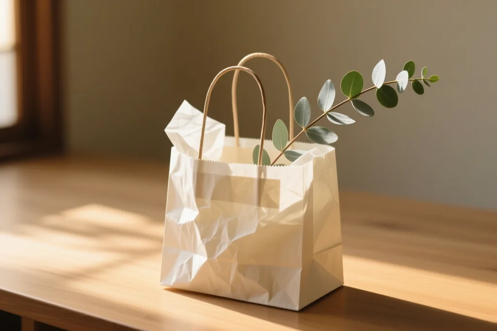 Mesa con un paquete pequeño envuelto en papel kraft, cinta de tela y una tarjeta en blanco