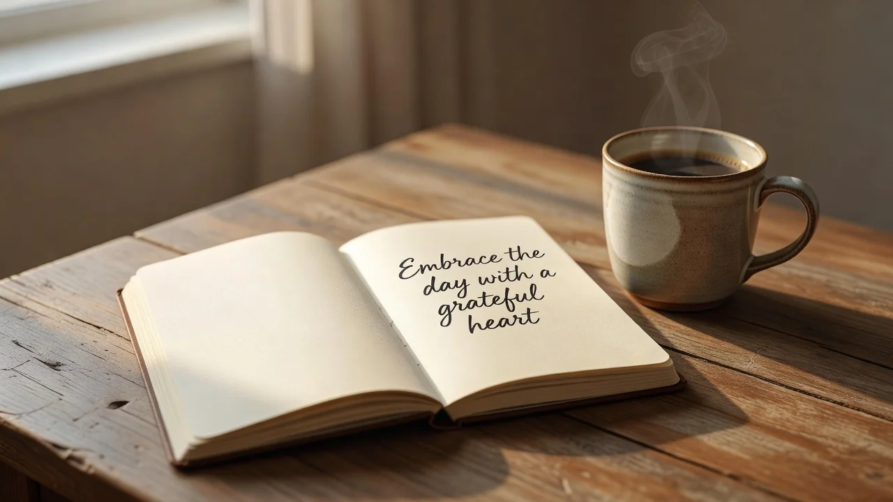 Cuaderno con frase positiva escrita a mano y taza de café