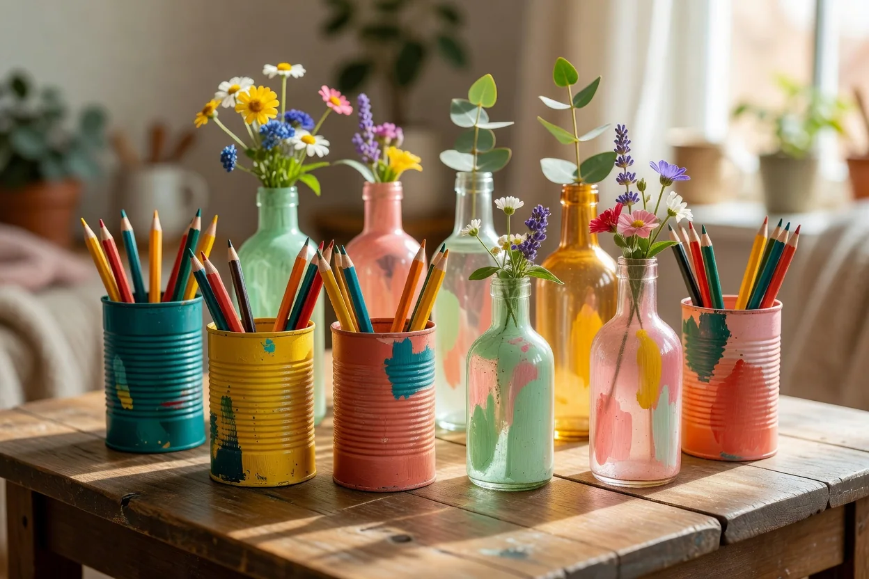 Manualidades con latas pintadas y botellas decoradas sobre mesa de trabajo