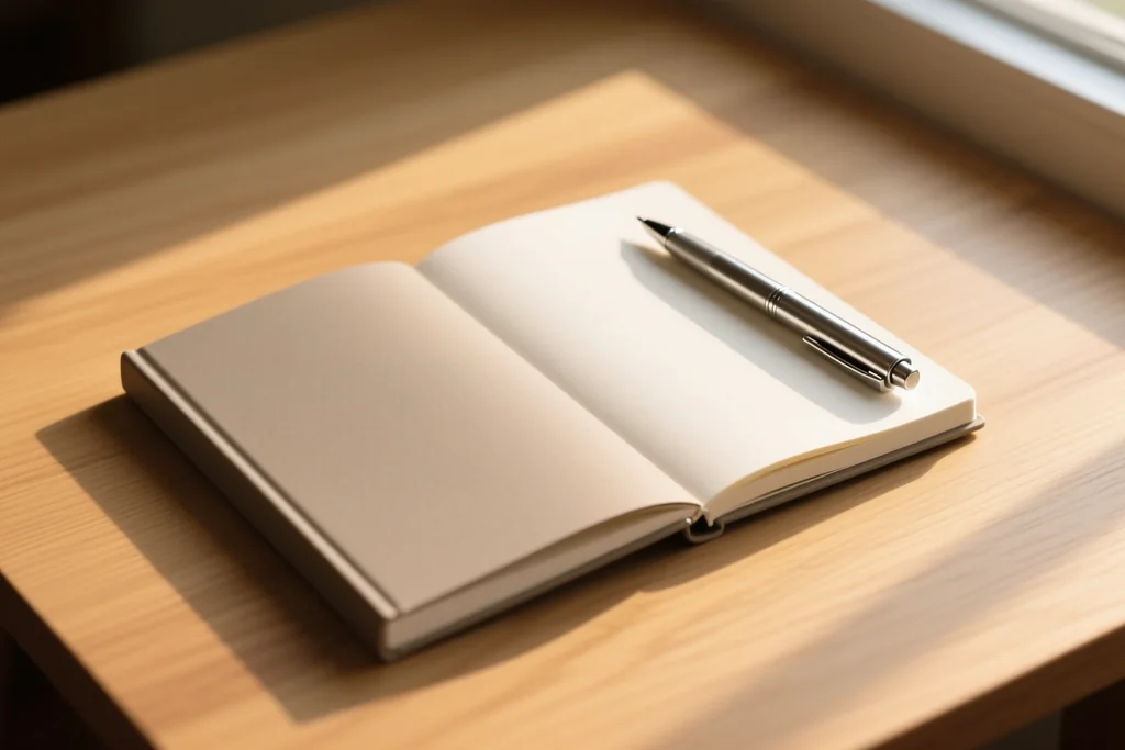 Cuaderno abierto con bocetos de portadas, rotuladores de colores y un teléfono apagado sobre la mesa