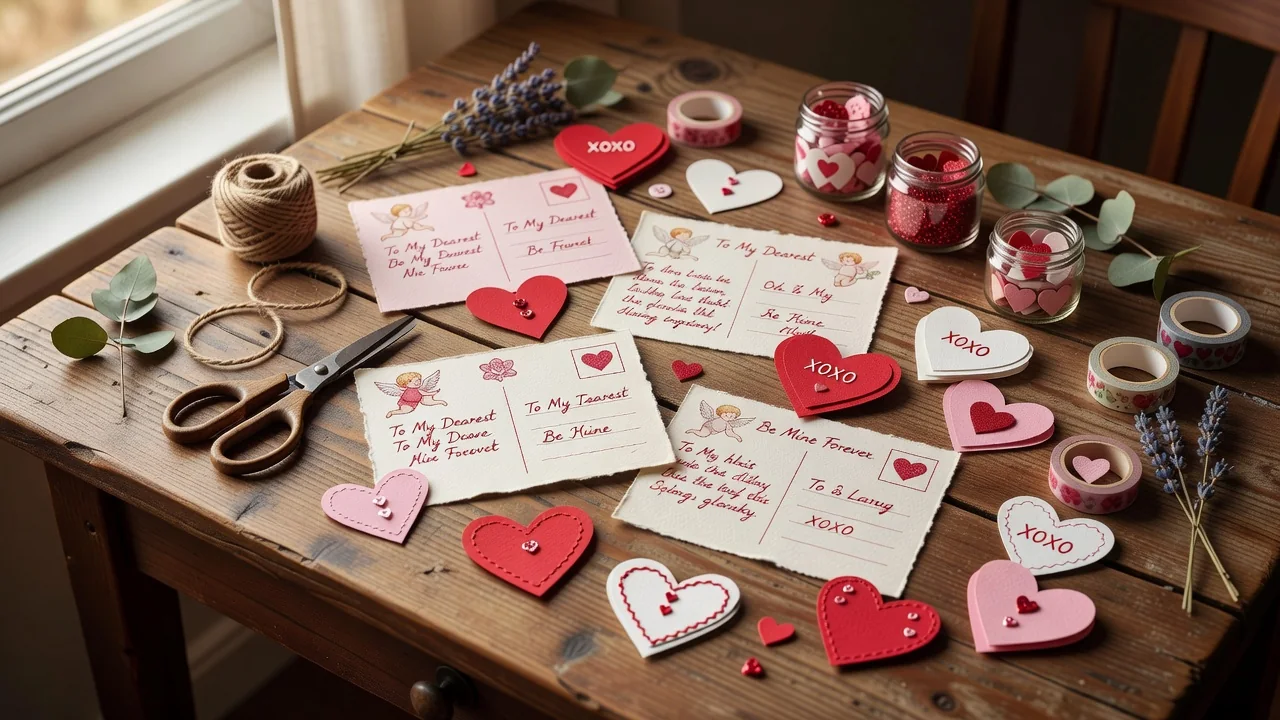 Postales y corazones de San Valentín sobre una mesa de madera