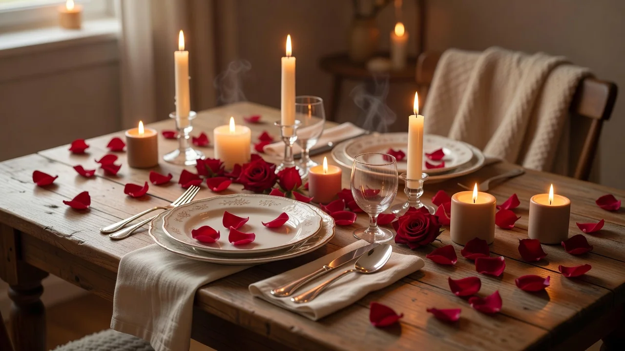 Cena romántica casera con velas para el 14 de febrero